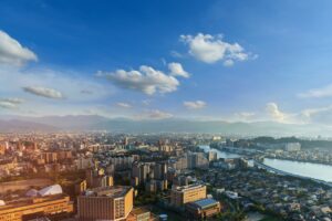 View skyline of fukuoka downtown city cityscape with blue sky, Fukuoka, Japan