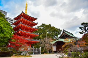 Beautiful Tocho-ji temple in Fukuoka, Japan. Old Japanese architecture.